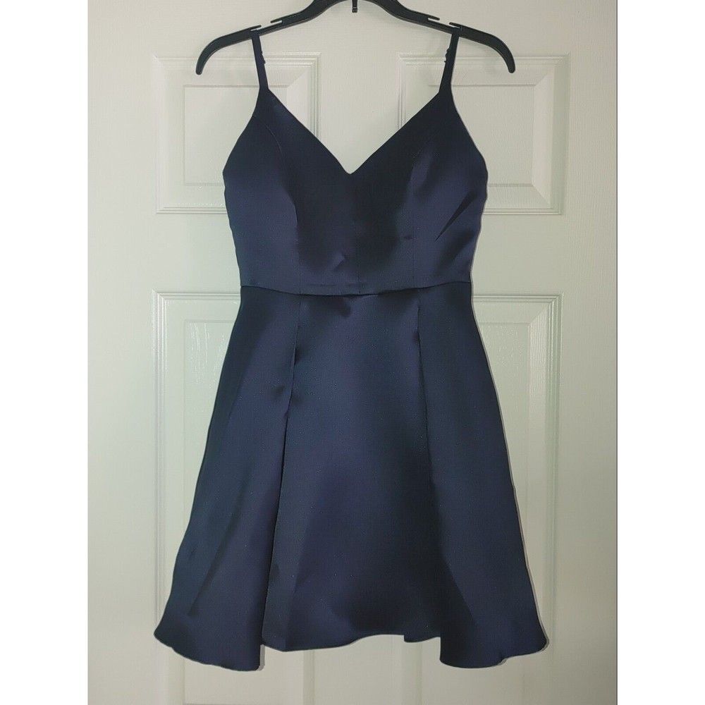 Windsor Women's Skater Dress Navy Blue Satin Spaghetti Straps V-Neck Size 3/4